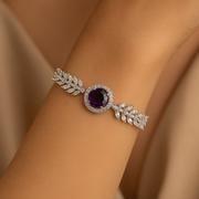 Royal Silver-Plated Bracelet with Purple Stone & CZ Leaf Design for Women & Girls